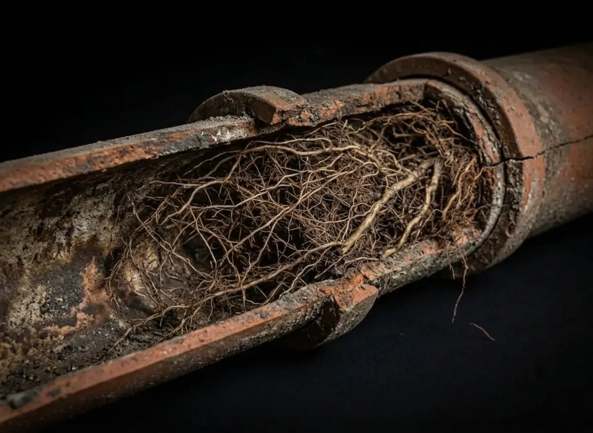 Failing sewer pipe before repair — root intrusion and corrosion